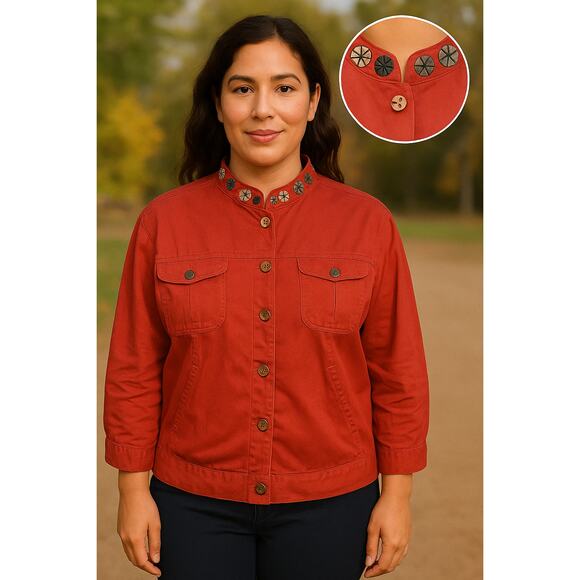 Ruby Rd Red Mandarin Collar Jacket Sz 16 Statement Blazer Modern Contemporary - Picture 2 of 10